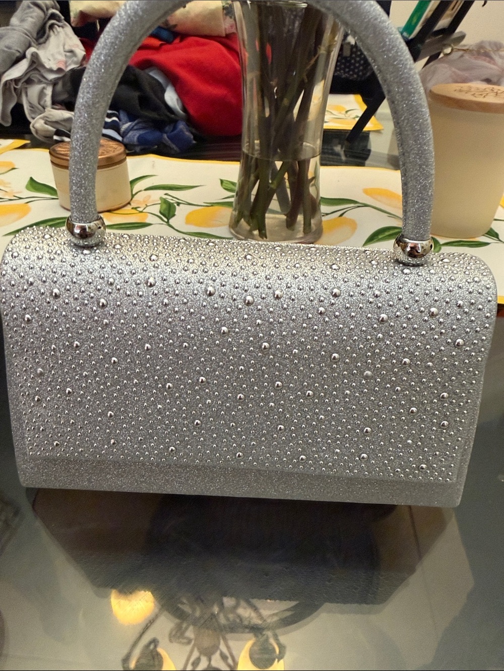 Silver Rhinestone Top-Handle Clutch